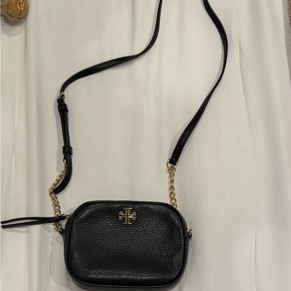 Tory Burch Black and Gold Crossbody Bag with Pebbled Finish